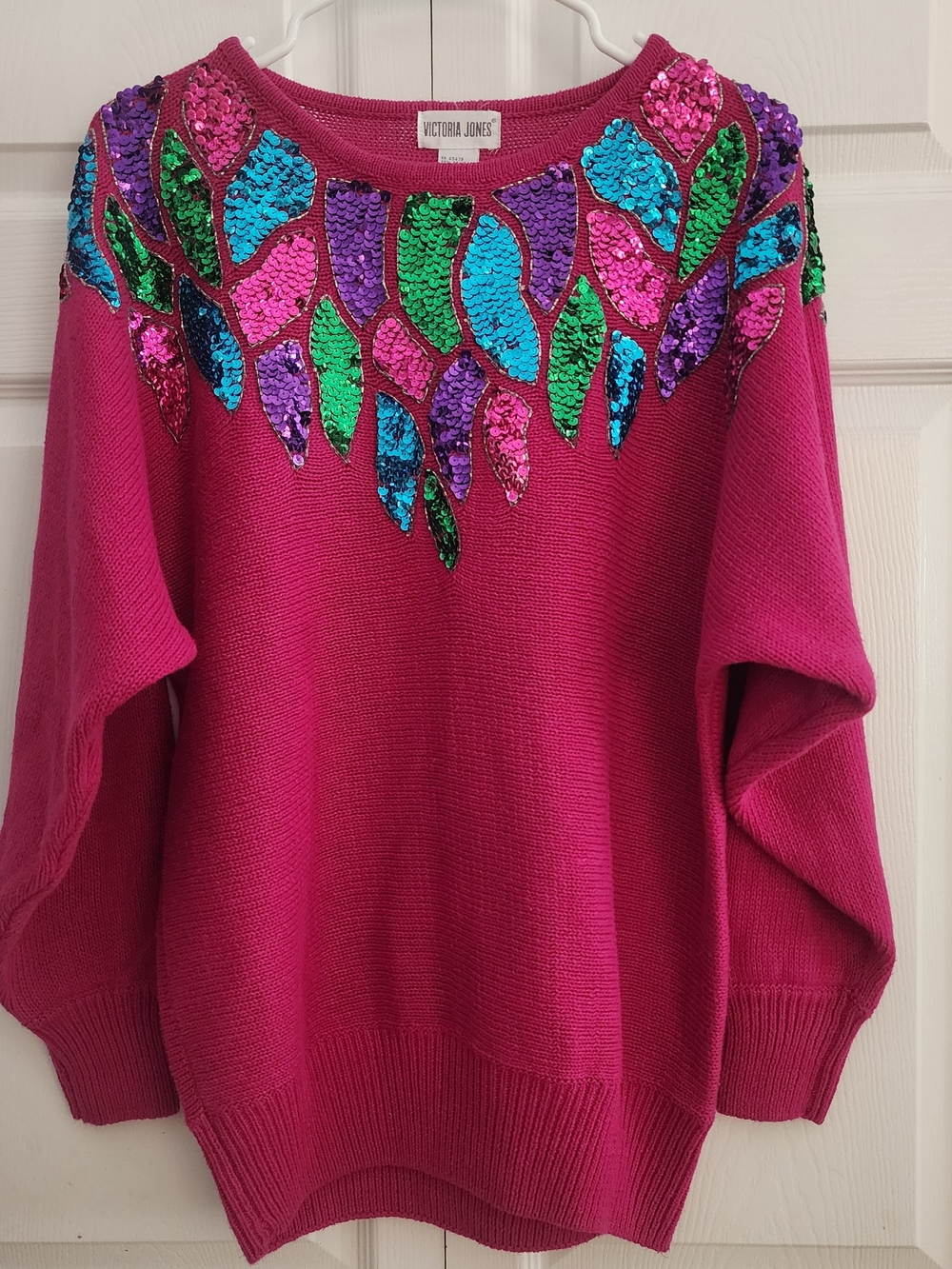 Vintage Victoria Jones Magenta Pink Colorful Sequin Glam Retro Knit Sweater, L